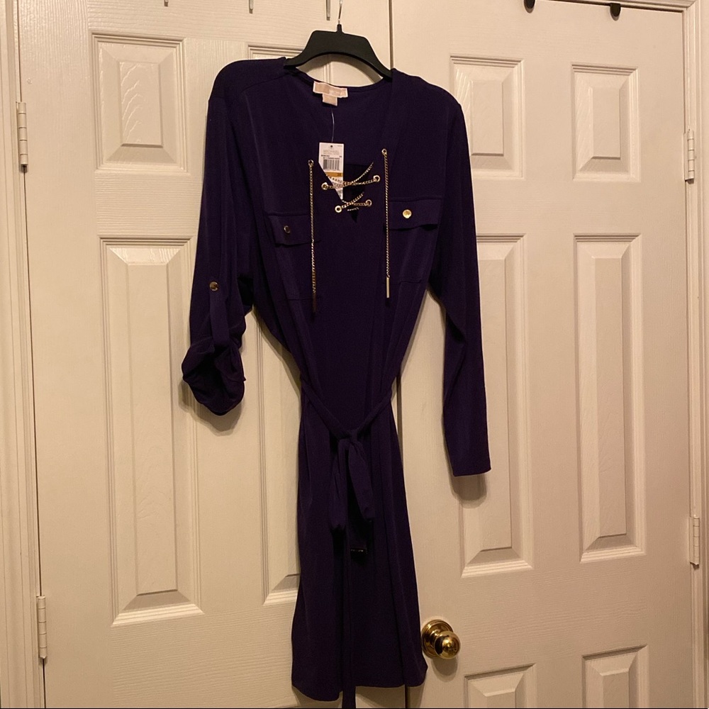 New-Michael Kors Purple Dress with Pockets & Gold Link Chain Ties